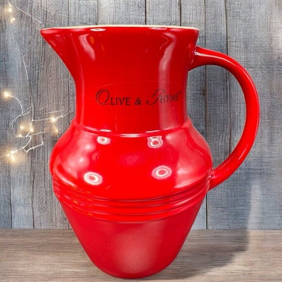 Olive & Thyme Red Stoneware Pitcher Jug Carafe Ceramic Red Made In Thailand VTG - Picture 1 of 14